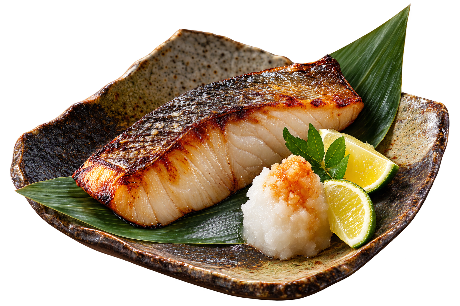 Buri no Shioyaki — Gelbschwanzmakrele, nur gesalzen und gegrillt, mit Daikon und Zitrus
