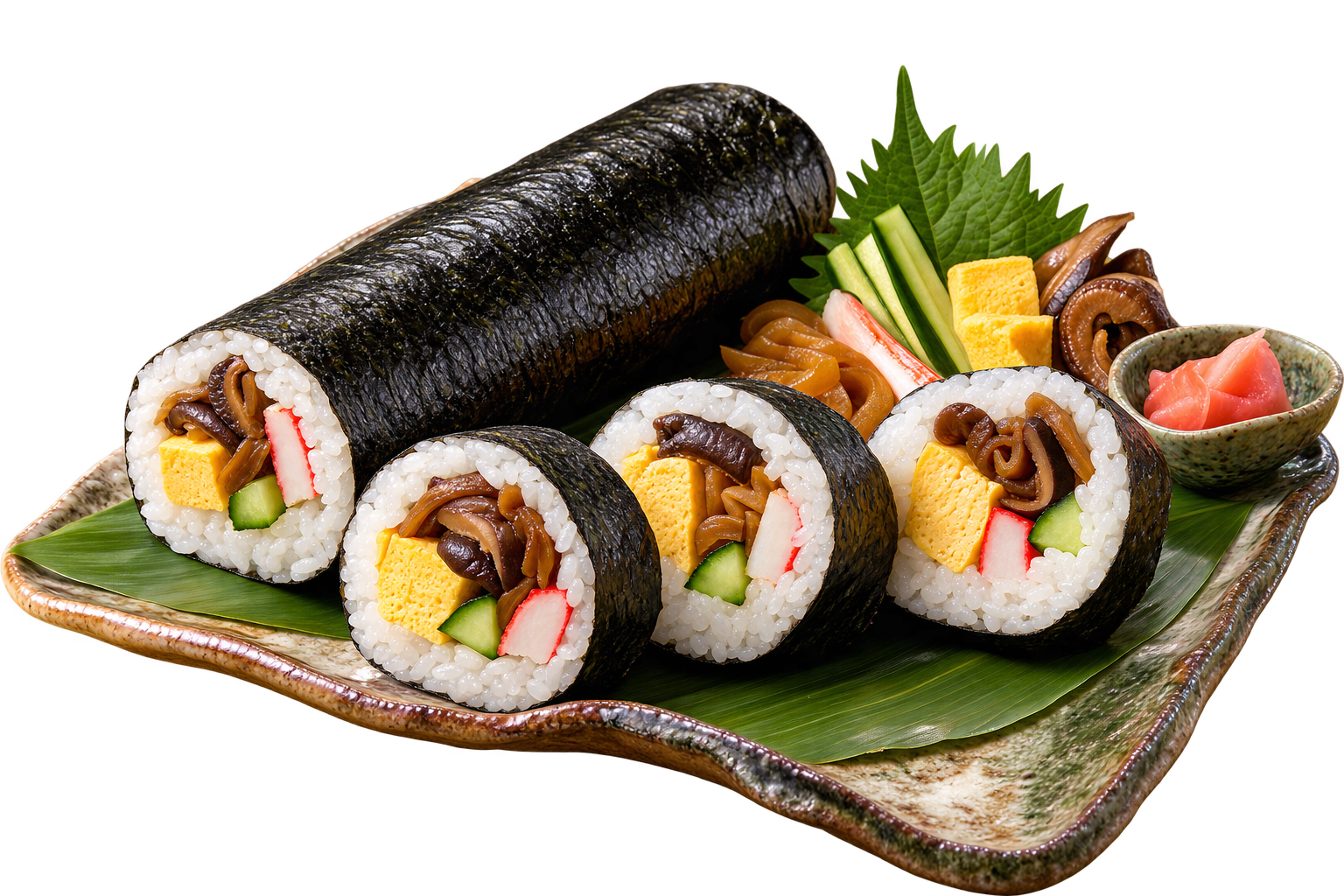 Ehōmaki — Dicke Sushirolle mit geschmorten Pilzen, Omelett und Gurke – am Stück gegessen