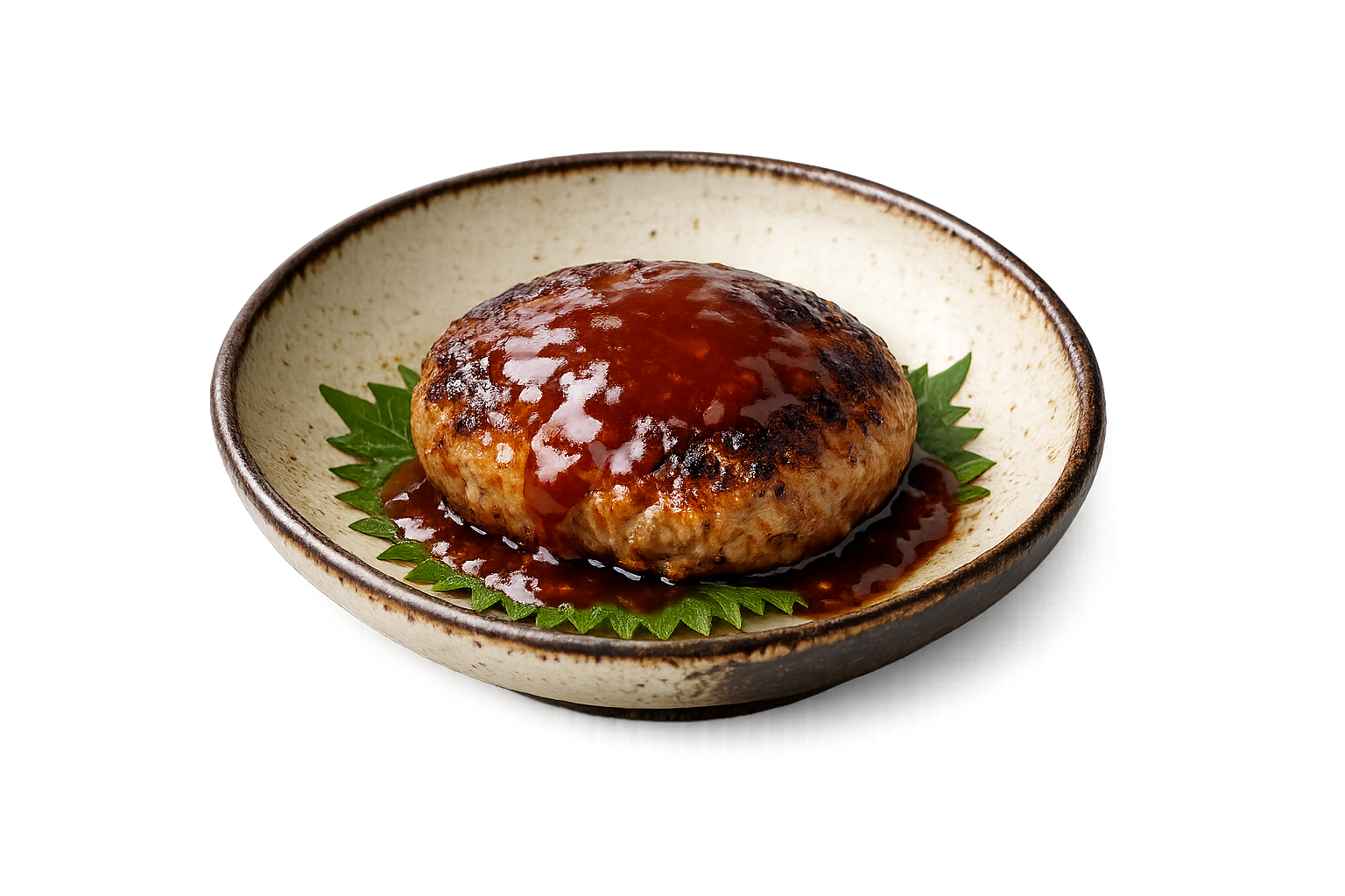 Hanbagu — Saftige Hackfleischlaibchen auf Shiso mit Ketchup-Worcestershire-Sauce