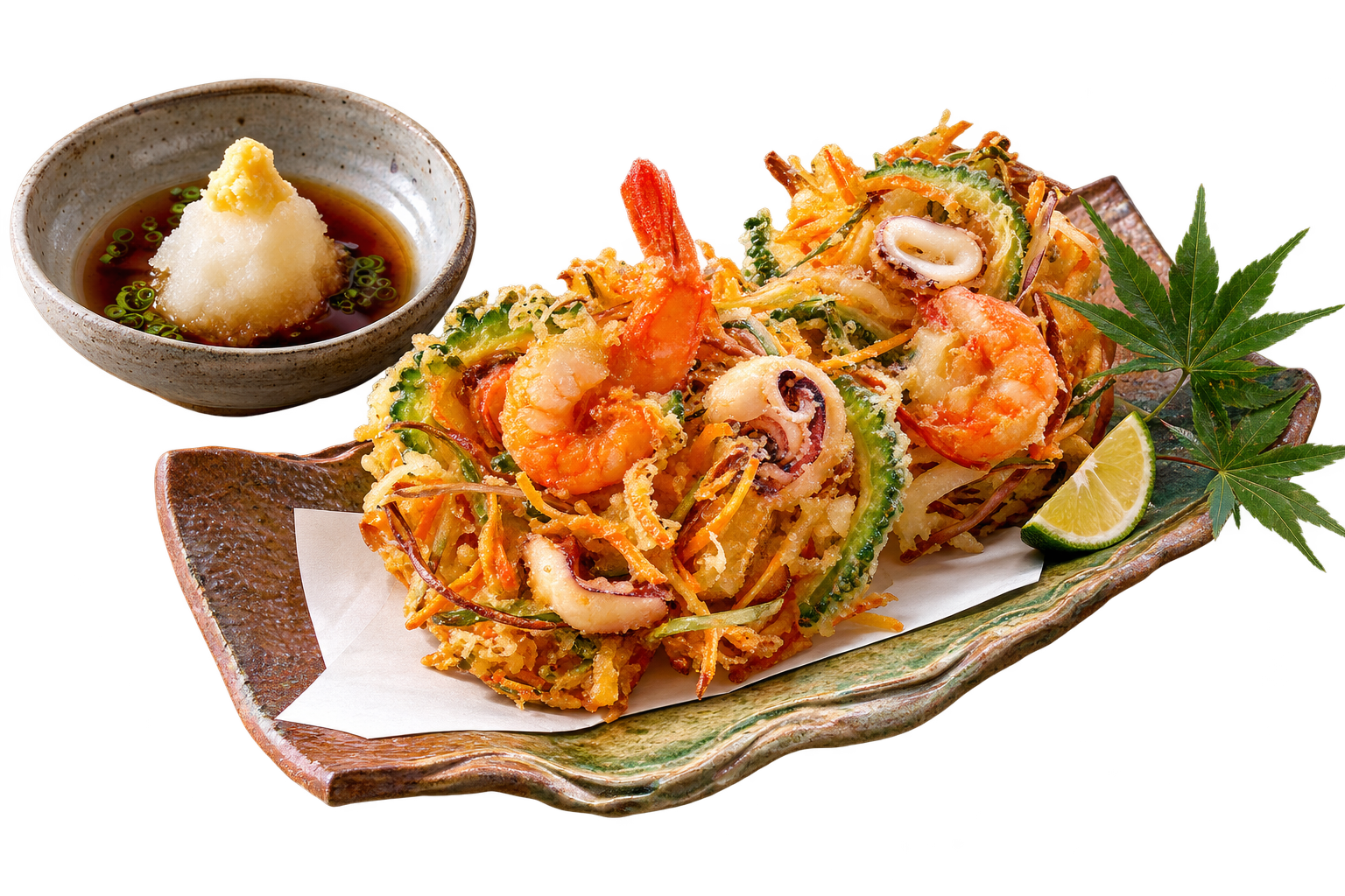 Kakiage — Knusprige Tempura-Küchlein aus feinem Gemüse, Garnelen und Tintenfisch
