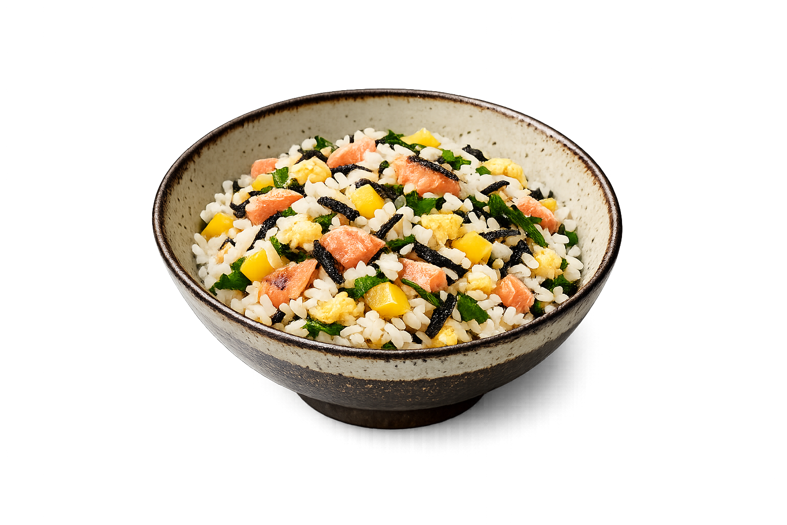 Mazezushi — Warmer Sushireis mit Salzlachs, Shiso, Takuan und Rührei, locker vermischt