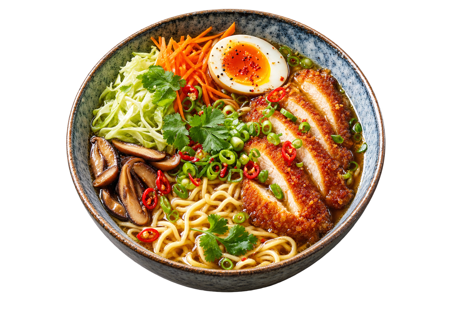 Ramen — Nudelsuppe mit heißer Brühe, knusprigem Hähnchen, Ei und viel Gemüse