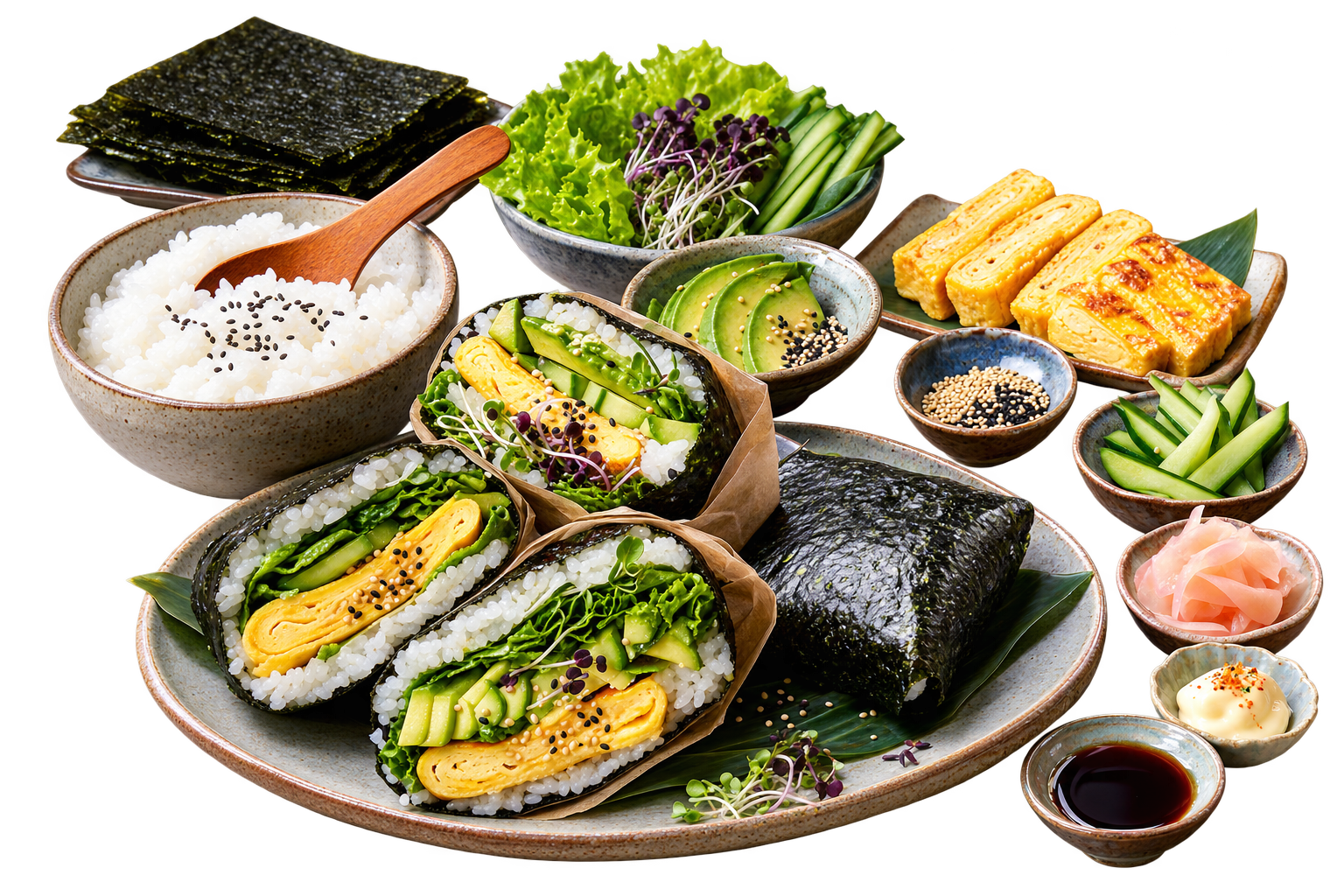 Temaki Sandwich — Handgerollte Nori-Päckchen mit Sushireis, Gurke, Avocado und Ei