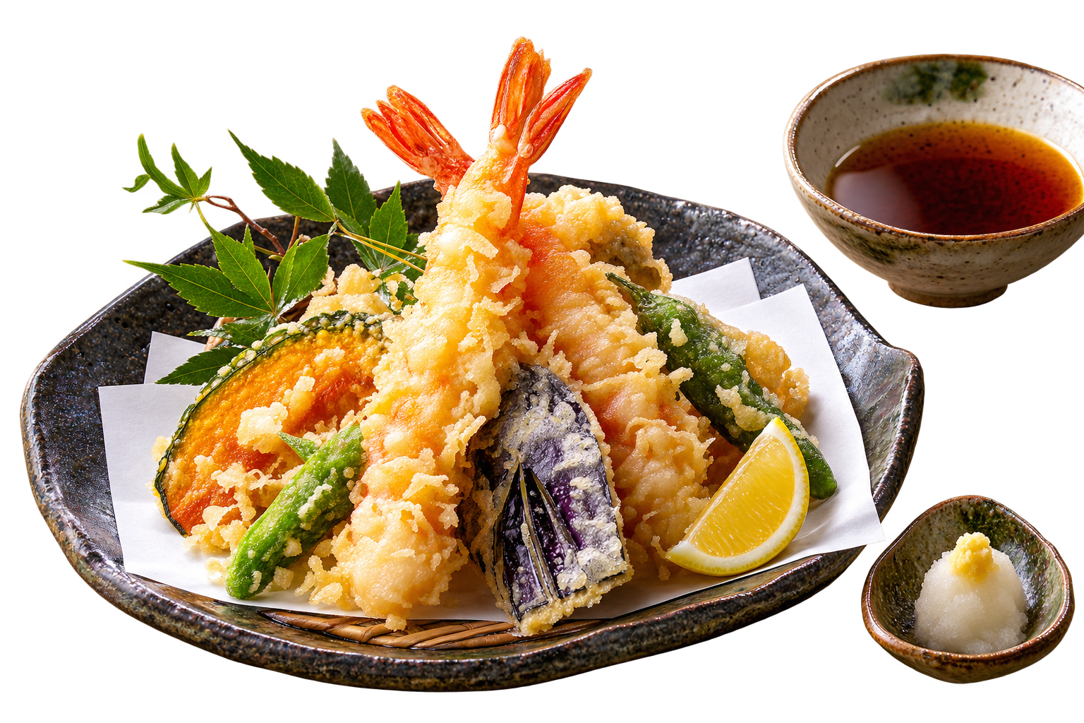 Tempura Moriawase — Gemüse und Garnelen in hauchdünner, knuspriger Hülle mit Dashi-Tauchsauce