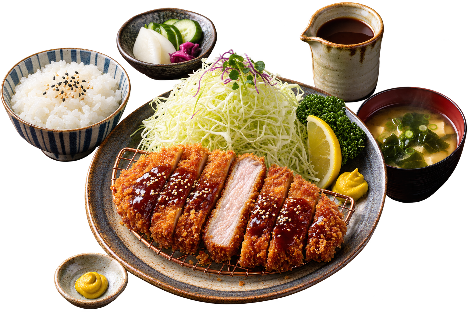 Tonkatsu — Schweineschnitzel in knuspriger Panko-Kruste, dazu roher Kohl und würzige Sauce
