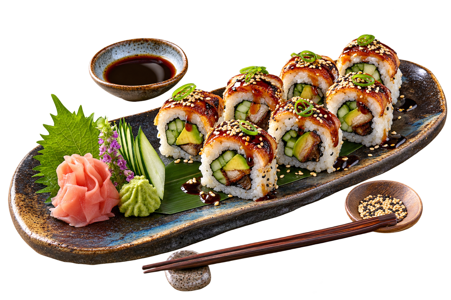 Unagi Maki — Sushirollen mit gegrilltem Aal, Avocado und Gurke, glasiert mit Unagi-Sauce