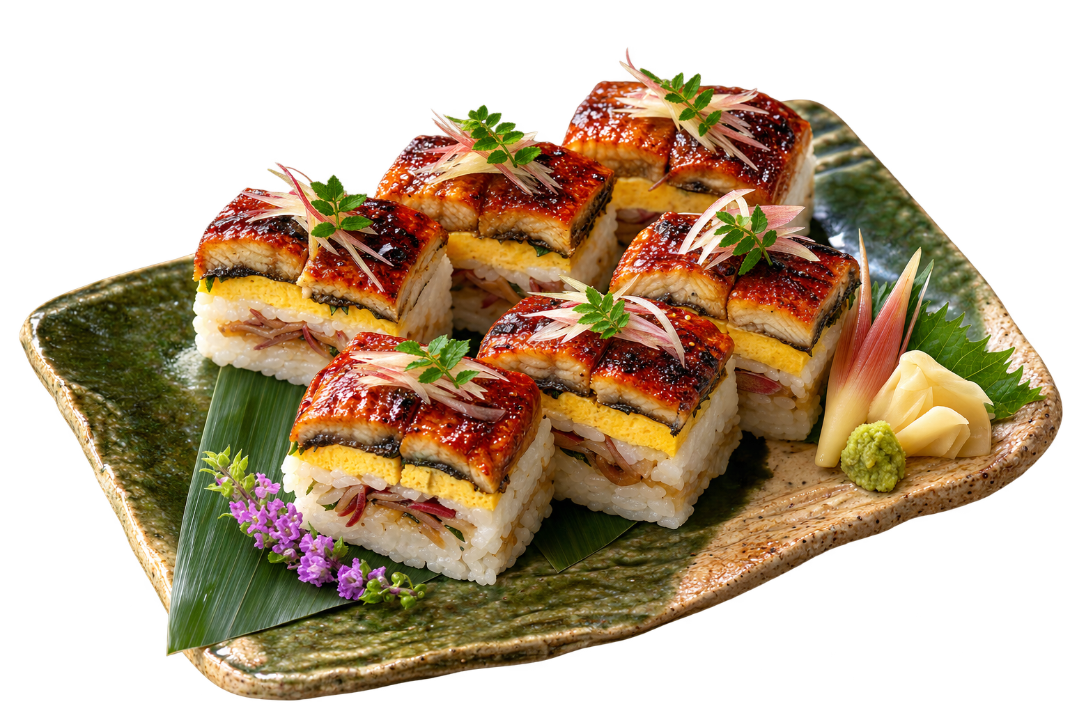 Unagi no Oshizushi — Gepresstes Sushi aus Osaka mit gegrilltem Aal, Ei und Myōga
